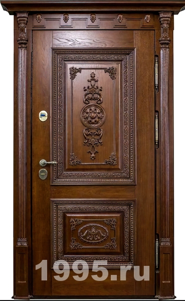 Дверь с массивом дуба, резьбой и карнизом Дверь с массивом дуба, резьбой и карнизом