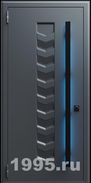 Стальная дверь с металлофиленкой, длинной ручкой с подсветкой и темно-серым порошковым окрашиванием RAL 7021 (тип №4) Стальная дверь с металлофиленкой, длинной ручкой с подсветкой и темно-серым порошковым окрашиванием RAL 7021 (тип №4)