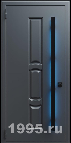 Стальная дверь с металлофиленкой, длинной ручкой с подсветкой и темно-серым порошковым окрашиванием RAL 7021 (тип №10) Стальная дверь с металлофиленкой, длинной ручкой с подсветкой и темно-серым порошковым окрашиванием RAL 7021 (тип №10)