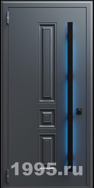 Стальная дверь с металлофиленкой, длинной ручкой с подсветкой и темно-серым порошковым окрашиванием RAL 7021 (тип №12) Стальная дверь с металлофиленкой, длинной ручкой с подсветкой и темно-серым порошковым окрашиванием RAL 7021 (тип №12)