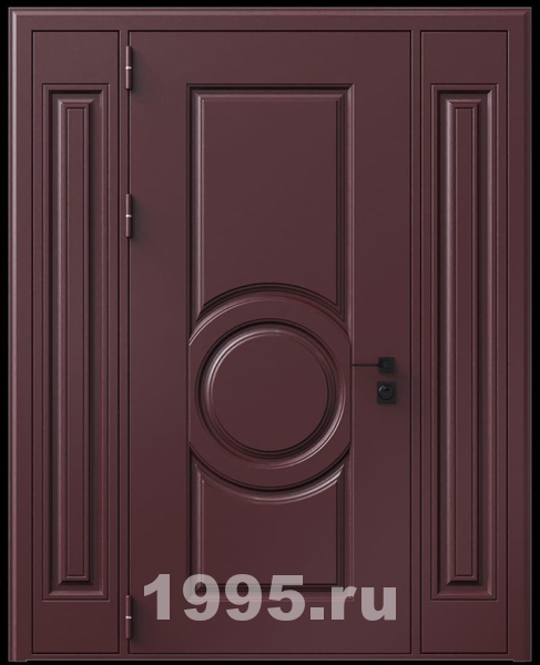 Стальная трехконтурная дверь с металлофиленкой, вставками по бокам и порошковым напылением RAL 3007 (тип №1) Стальная трехконтурная дверь с металлофиленкой, вставками по бокам и порошковым напылением RAL 3007 (тип №1)