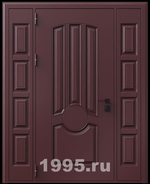 Стальная трехконтурная дверь с металлофиленкой, вставками по бокам и порошковым напылением RAL 3007 (тип №3) Стальная трехконтурная дверь с металлофиленкой, вставками по бокам и порошковым напылением RAL 3007 (тип №3)