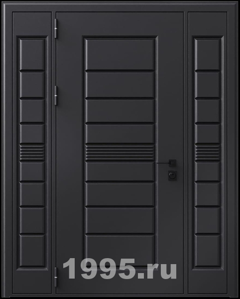 Стальная дверь с металлофиленкой, вставками по бокам и порошковым окрашиванием RAL 9004 (тип №7) Стальная дверь с металлофиленкой, вставками по бокам и порошковым окрашиванием RAL 9004 (тип №7)