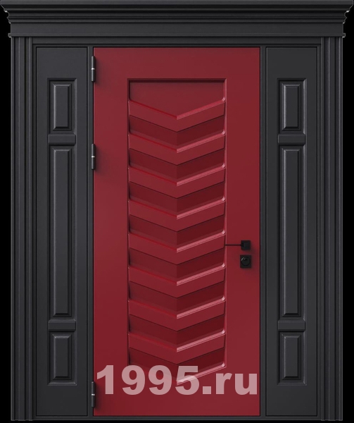 Стальная термодверь с металлофиленкой, вставками по бокам, карнизом и двухцветным порошковым окрашиванием RAL 3004 и RAL 9004 (тип №1) Стальная термодверь с металлофиленкой, вставками по бокам, карнизом и двухцветным порошковым окрашиванием RAL 3004 и RAL 9004 (тип №1)