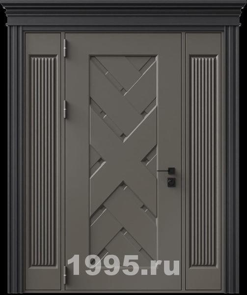 Стальная дверь с металлофиленкой, вставками по бокам, карнизом и порошковым покрытием RAL 7022 (тип №2) Стальная дверь с металлофиленкой, вставками по бокам, карнизом и порошковым покрытием RAL 7022 (тип №2)