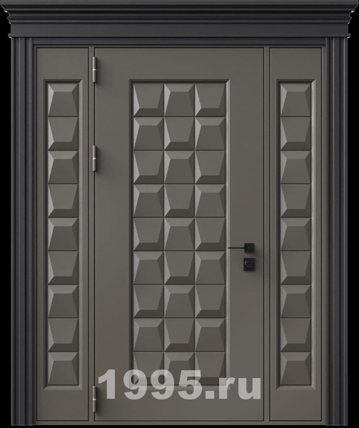 Стальная дверь с металлофиленкой, вставками по бокам, карнизом и порошковым покрытием RAL 7022 (тип №9) Стальная дверь с металлофиленкой, вставками по бокам, карнизом и порошковым покрытием RAL 7022 (тип №9)