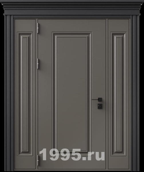 Стальная дверь с металлофиленкой, вставками по бокам, карнизом и порошковым покрытием RAL 7022 (тип №10) Стальная дверь с металлофиленкой, вставками по бокам, карнизом и порошковым покрытием RAL 7022 (тип №10)